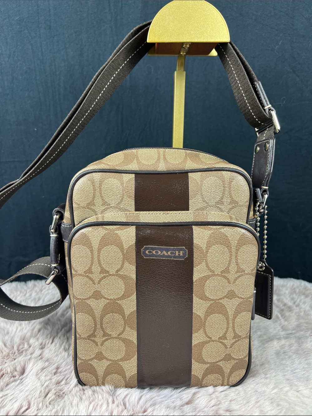 Coach Heritage Stripe Flight Bag F70589 Signature Canvas Crossbody Brown Khaki E
